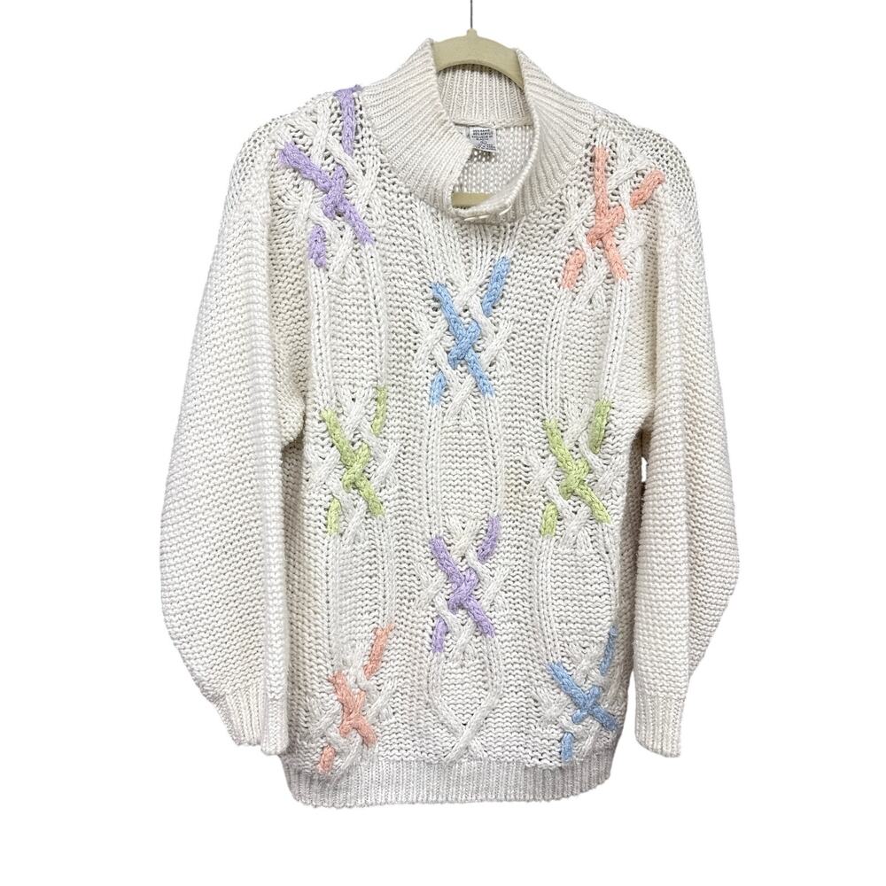 Vintage White Rainbow Knit Sweater Radishes Roses Large Quirky Twee Cable Knit